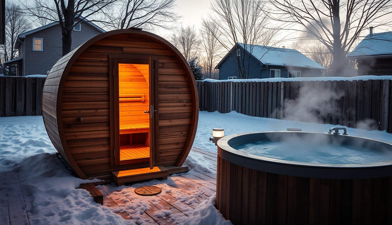Outdoor barrel sauna and cold plunge tub side by side in snowy backyard at dusk