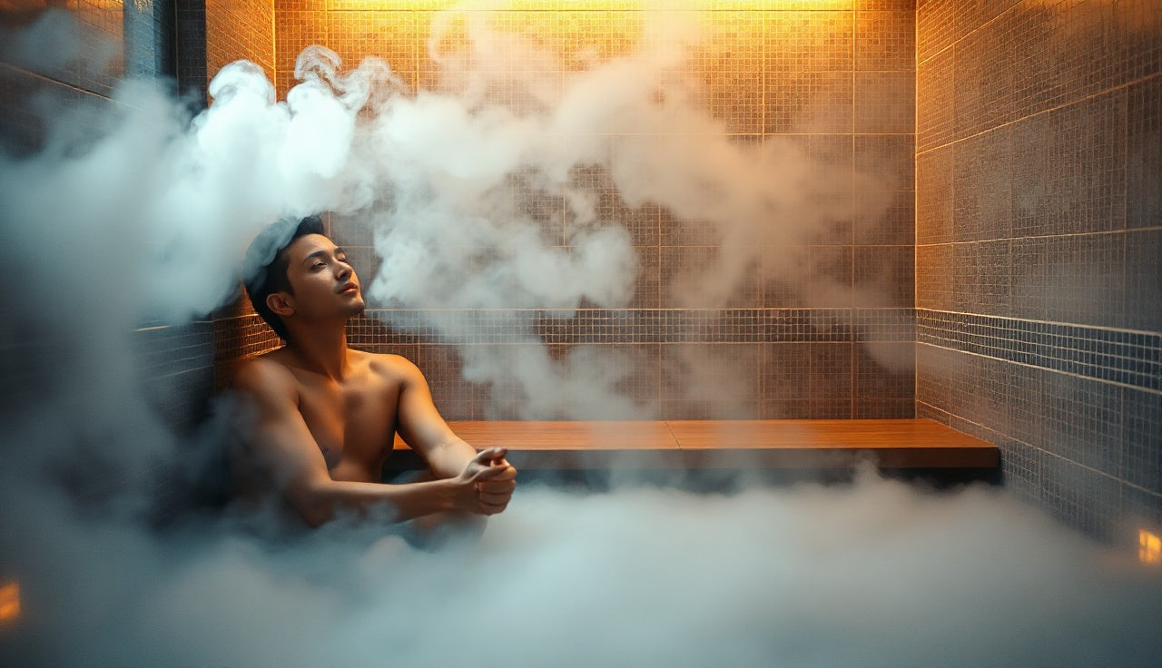 Person relaxing in a tiled steam room filled with warm white steam