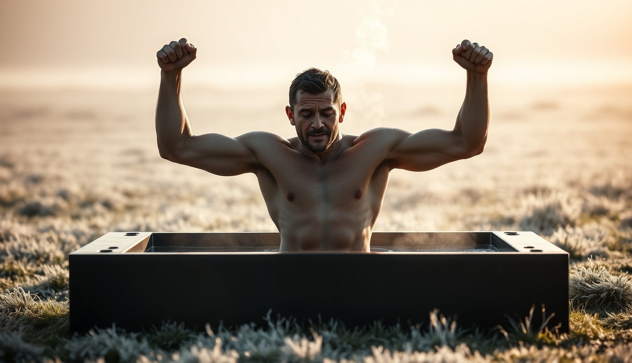 CrossFit athlete entering a cold plunge tub outdoors at dawn for recovery