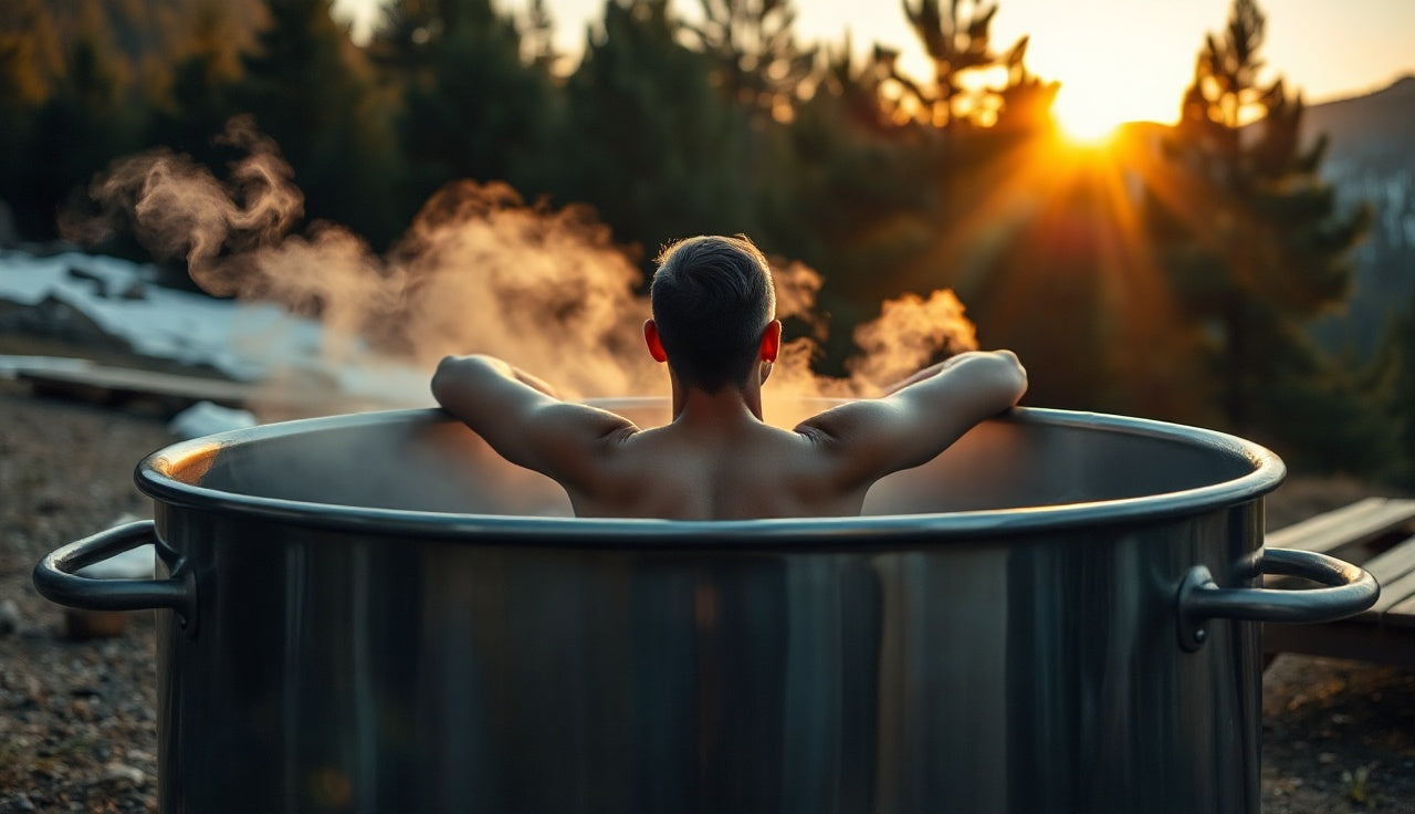 Person sitting in a cold plunge tub outdoors at dawn in cold morning air