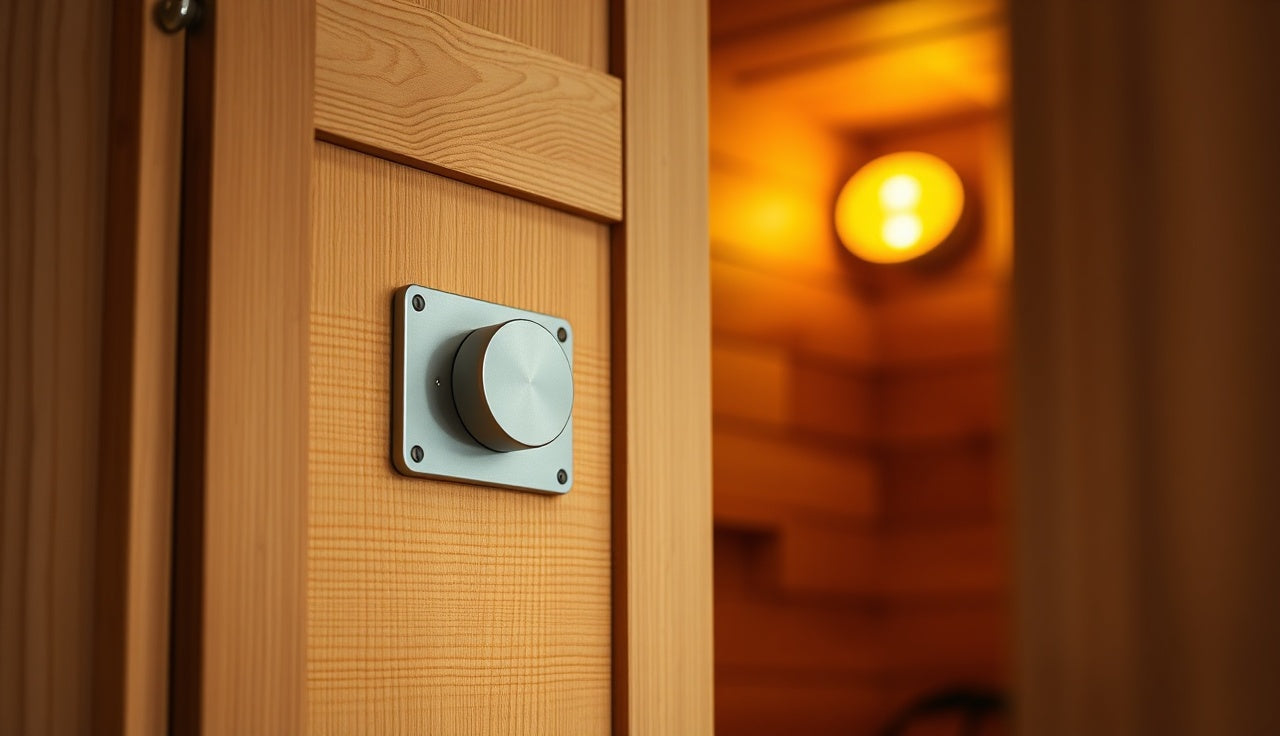Close-up of a magnetic door latch mounted on a cedar sauna door frame
