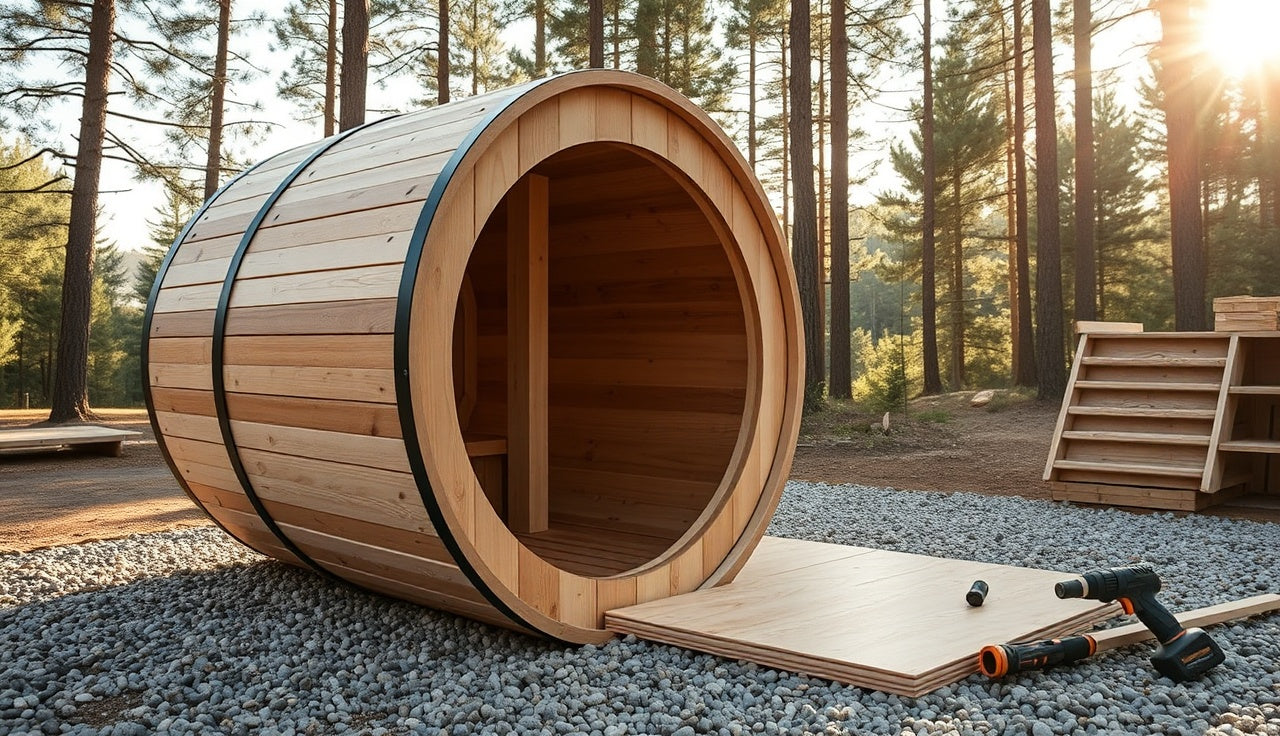 Cedar barrel sauna on gravel with rigid foam insulation panels being installed under the floor frame