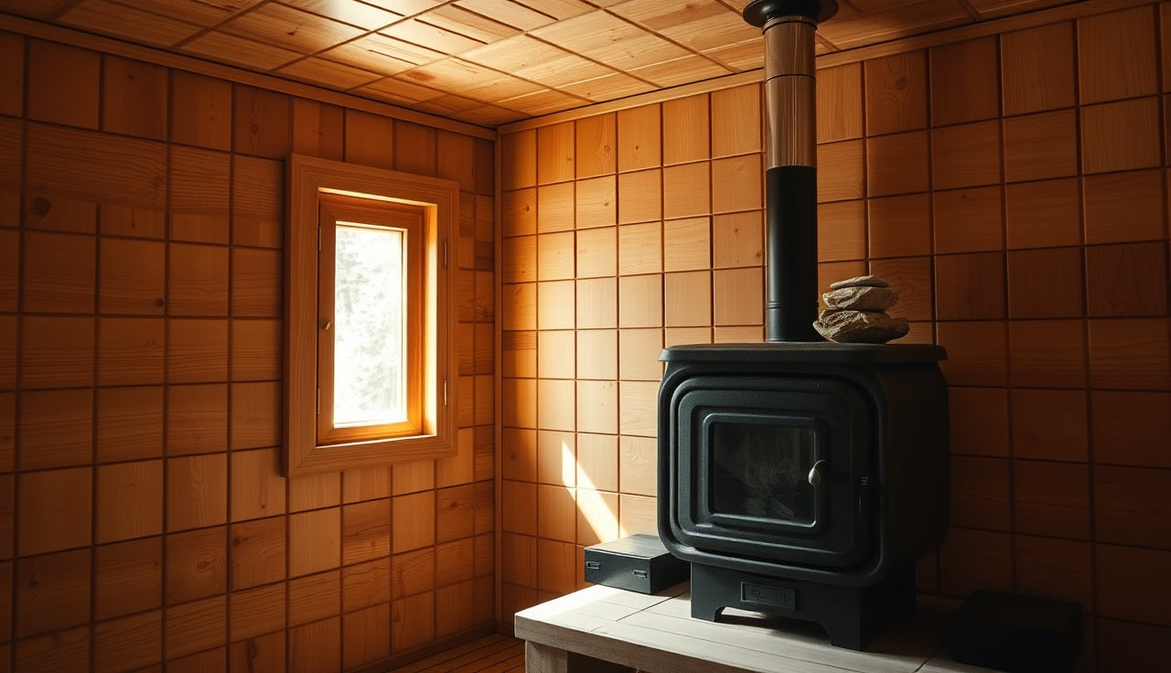 Wood-burning sauna stove with stainless steel heat shield mounted on paneled wall