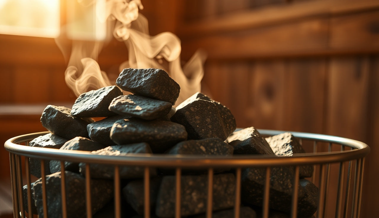 Dark gray sauna rocks stacked in a heater basket with steam rising above them
