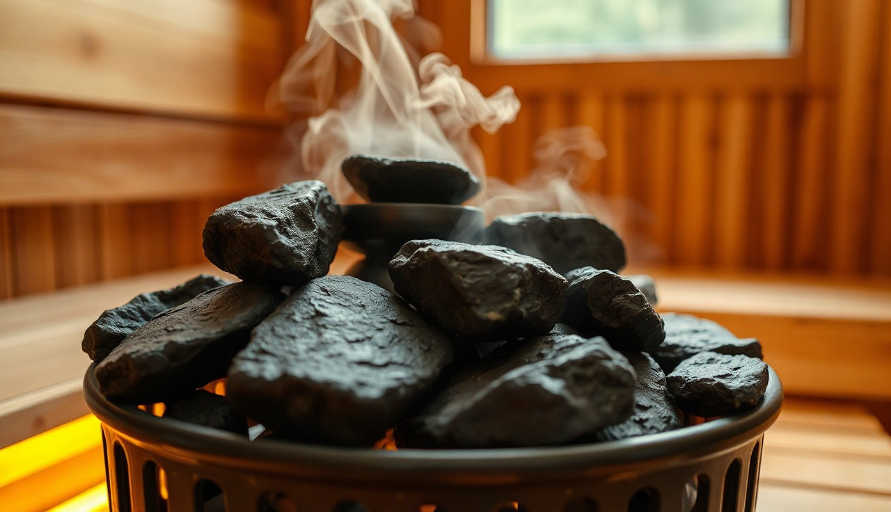 Dark olivine sauna rocks stacked in an electric heater basket with rising steam