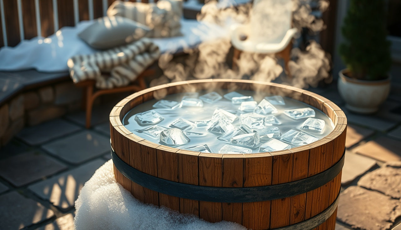 Cedar wood ice bath barrel filled with icy cold water on a stone patio