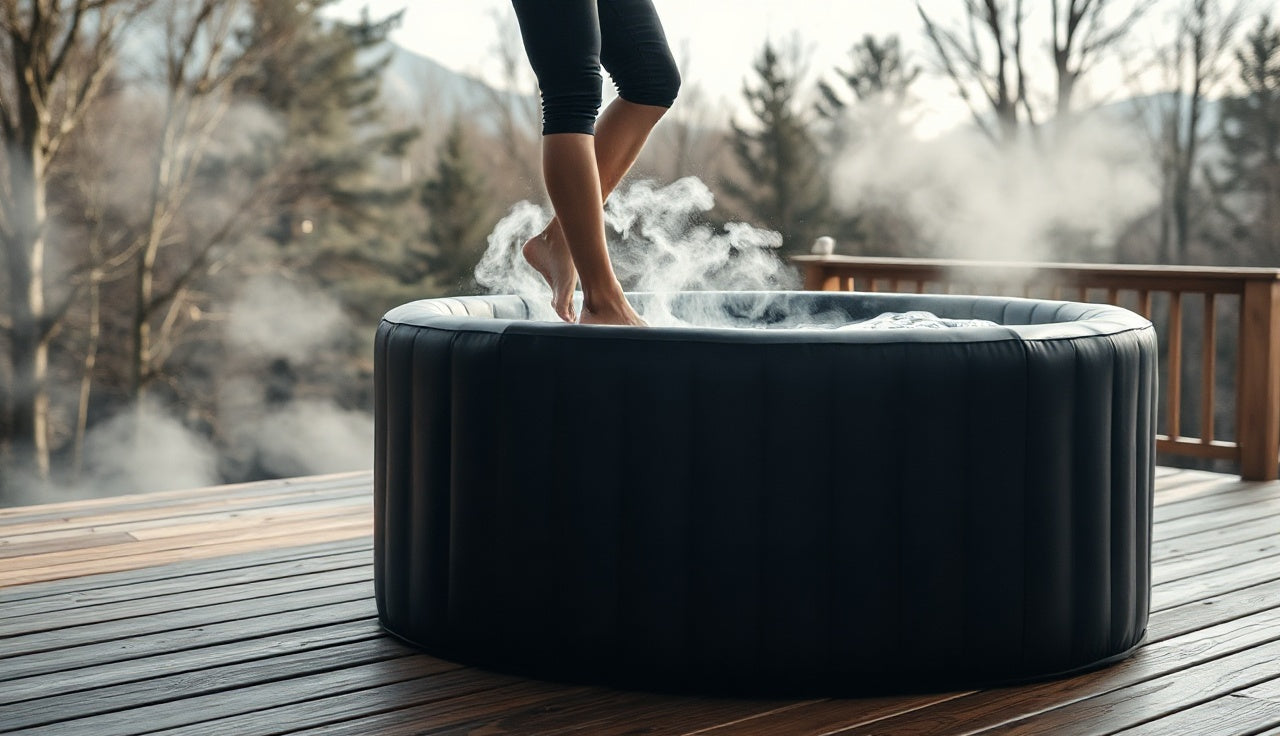 Person lowering into a cylindrical inflatable ice bath on an outdoor wooden deck