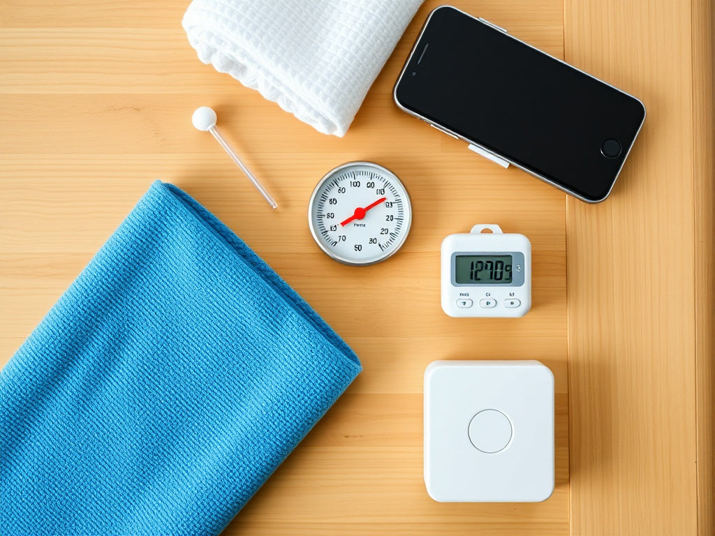 Essential cold plunge accessories laid out on wooden surface