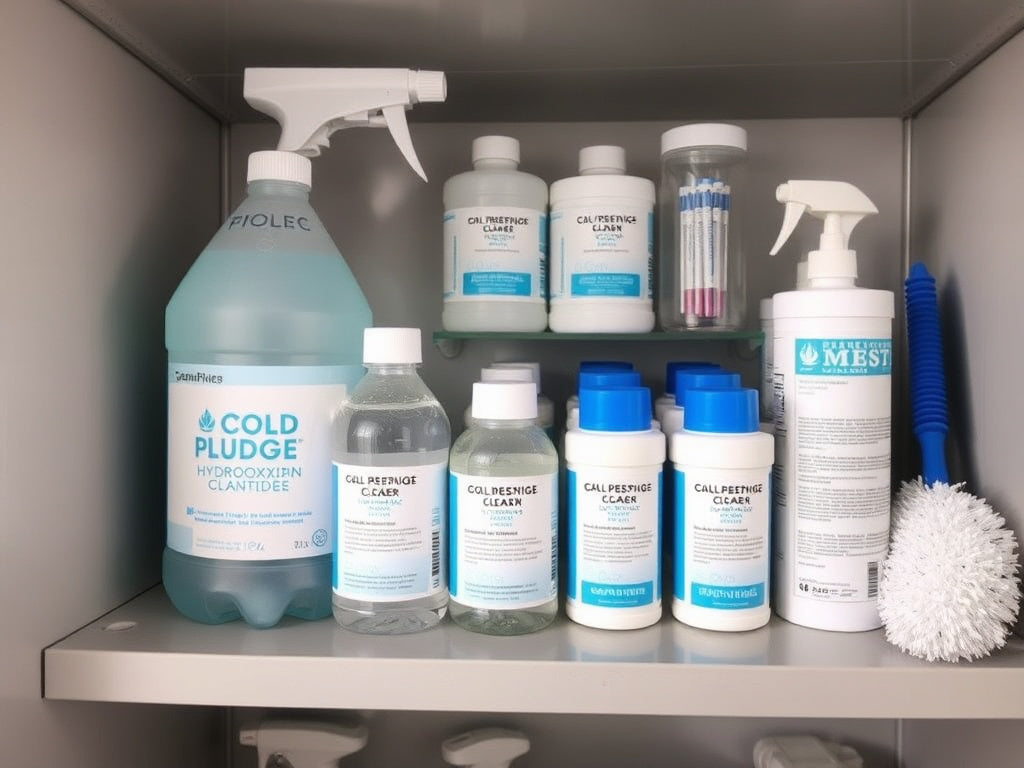 Organized collection of cold plunge cleaning and maintenance products