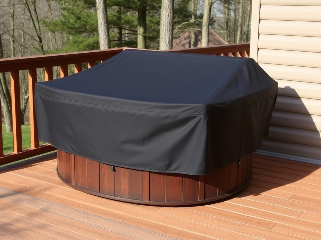 Insulated cold plunge cover fitted on tub on wooden deck