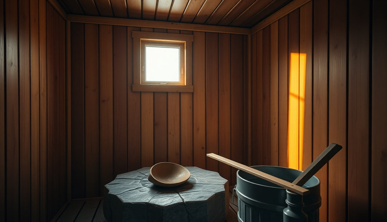 Wooden Finnish sauna interior with glowing stone heater and cedar benches