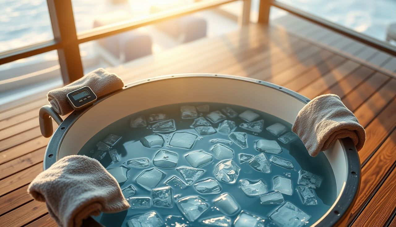 Portable cold plunge tub filled with ice water on an outdoor deck at dawn