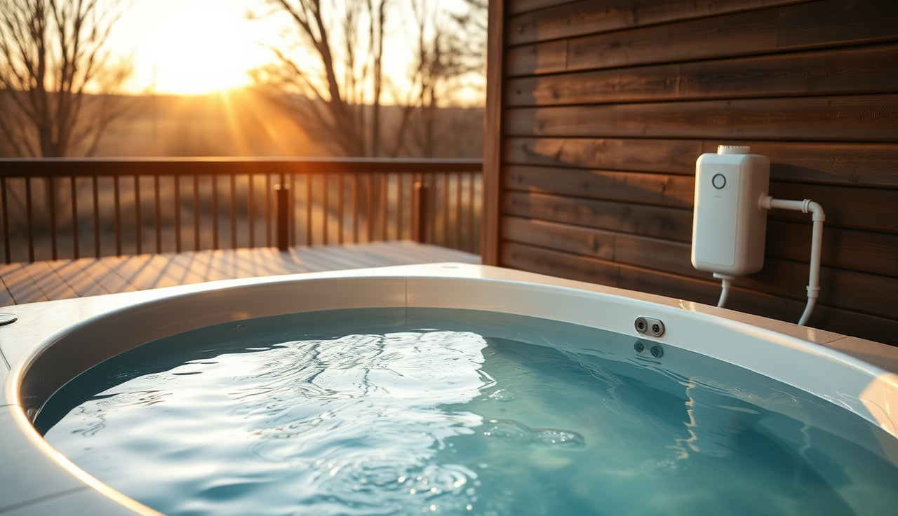 Clear cold plunge tub with UV filtration unit beside a wooden deck outdoors