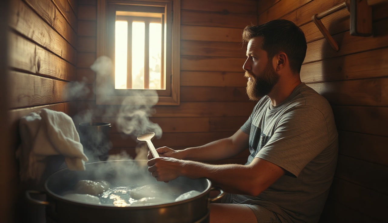 Man relaxing inside cedar wood sauna with steam rising from hot rocks