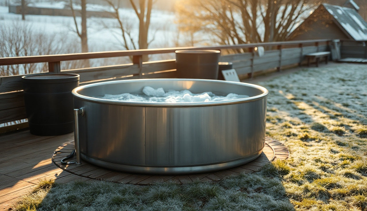 Stainless steel cold plunge tub on a wooden deck in early morning light