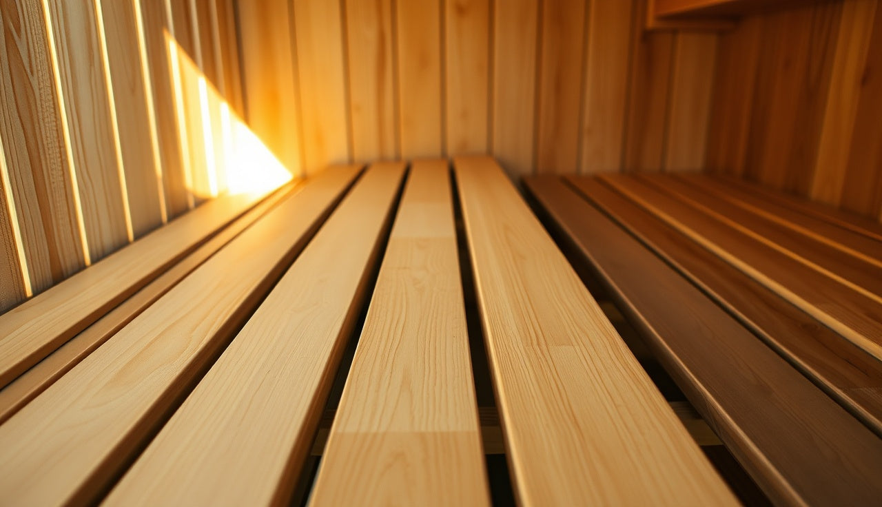 Close-up of cedar sauna bench slats with hidden fasteners and even gaps