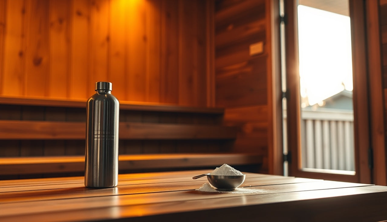 Wooden sauna interior with pre-workout supplement powder and water bottle on bench