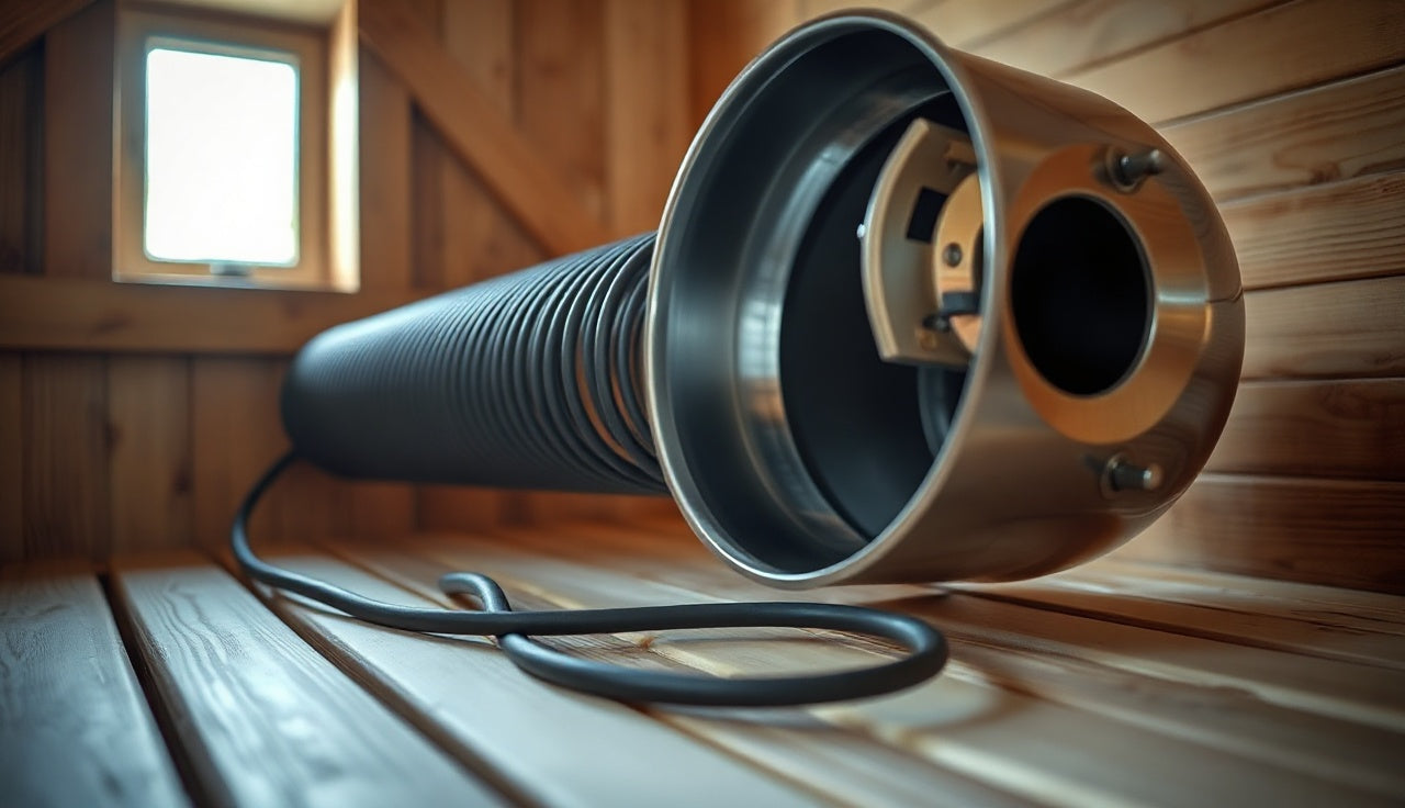 Sauna heater element partially removed from heater body on wooden bench