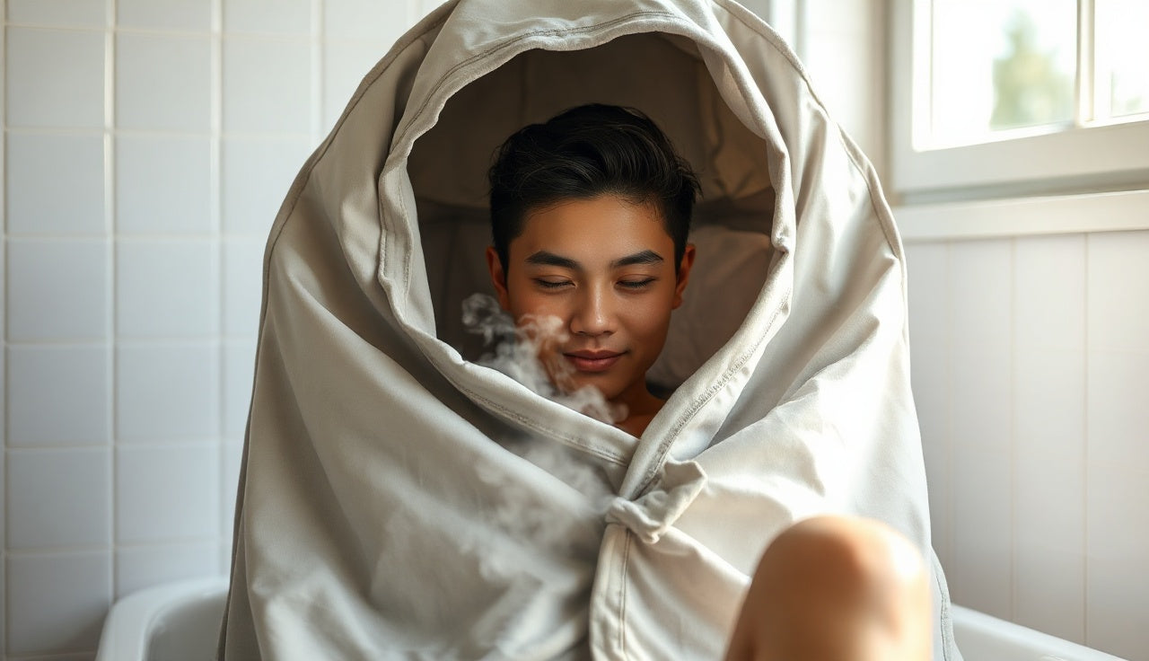Person seated inside a portable steam sauna tent with head outside the collar opening