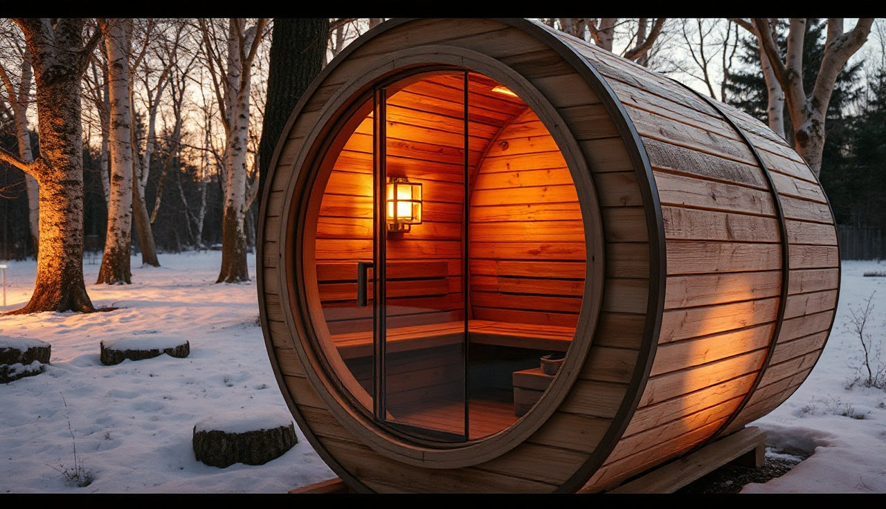 Cedar panoramic barrel sauna with glass front glowing at dusk in snowy backyard
