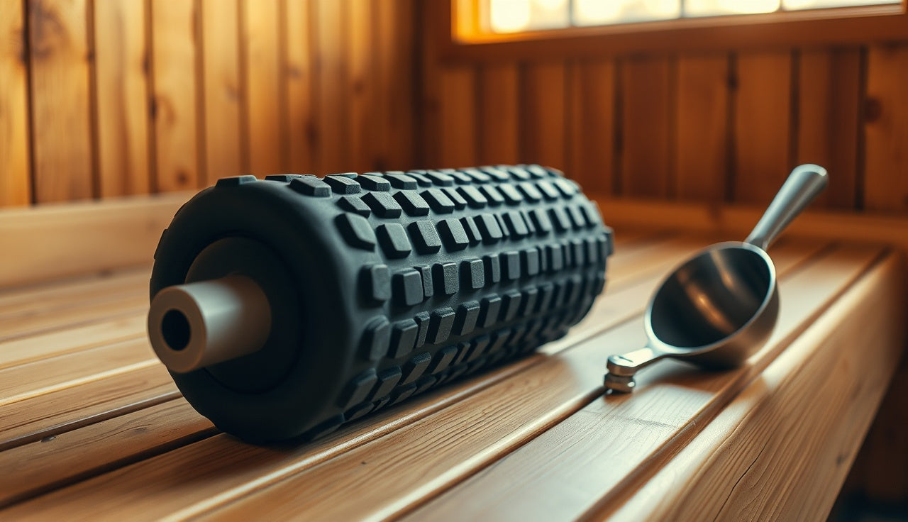 Foam roller on a cedar sauna bench in warm amber light before a session