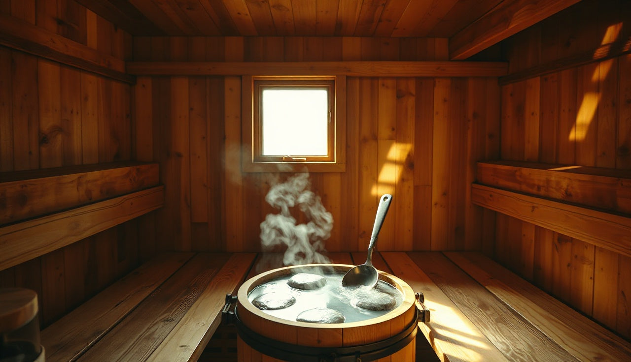 Wooden dry sauna interior with hot stones and cedar benches in warm light