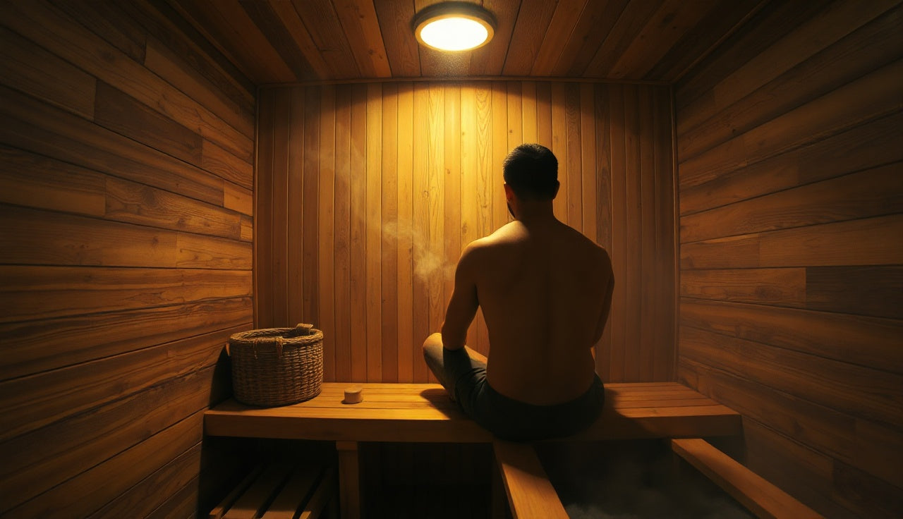 Man sitting on wooden bench inside a Finnish dry sauna with steam rising from hot rocks