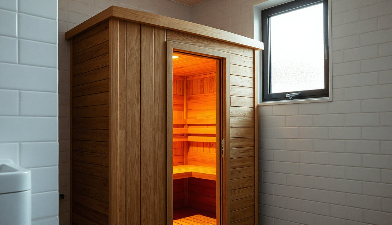 Small cedar home sauna cabin with open door glowing warm amber light inside a tiled bathroom