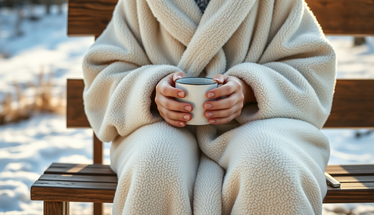 Person in thick robe warming up with hot drink after cold plunge outdoors in winter morning