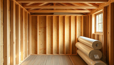 Wood-framed sauna wall cavity with fiberglass batt insulation and vapor barrier