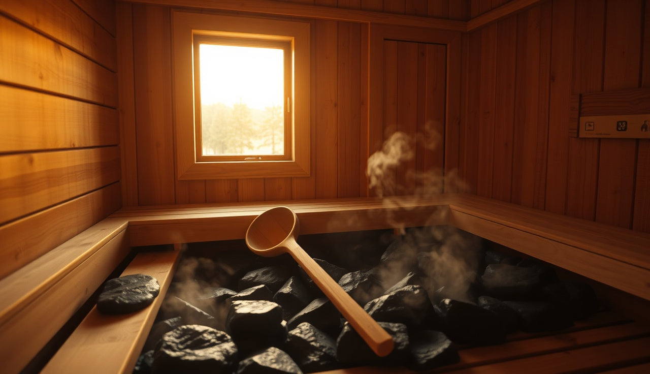 Cedar sauna interior with heated stones and rising steam, no people