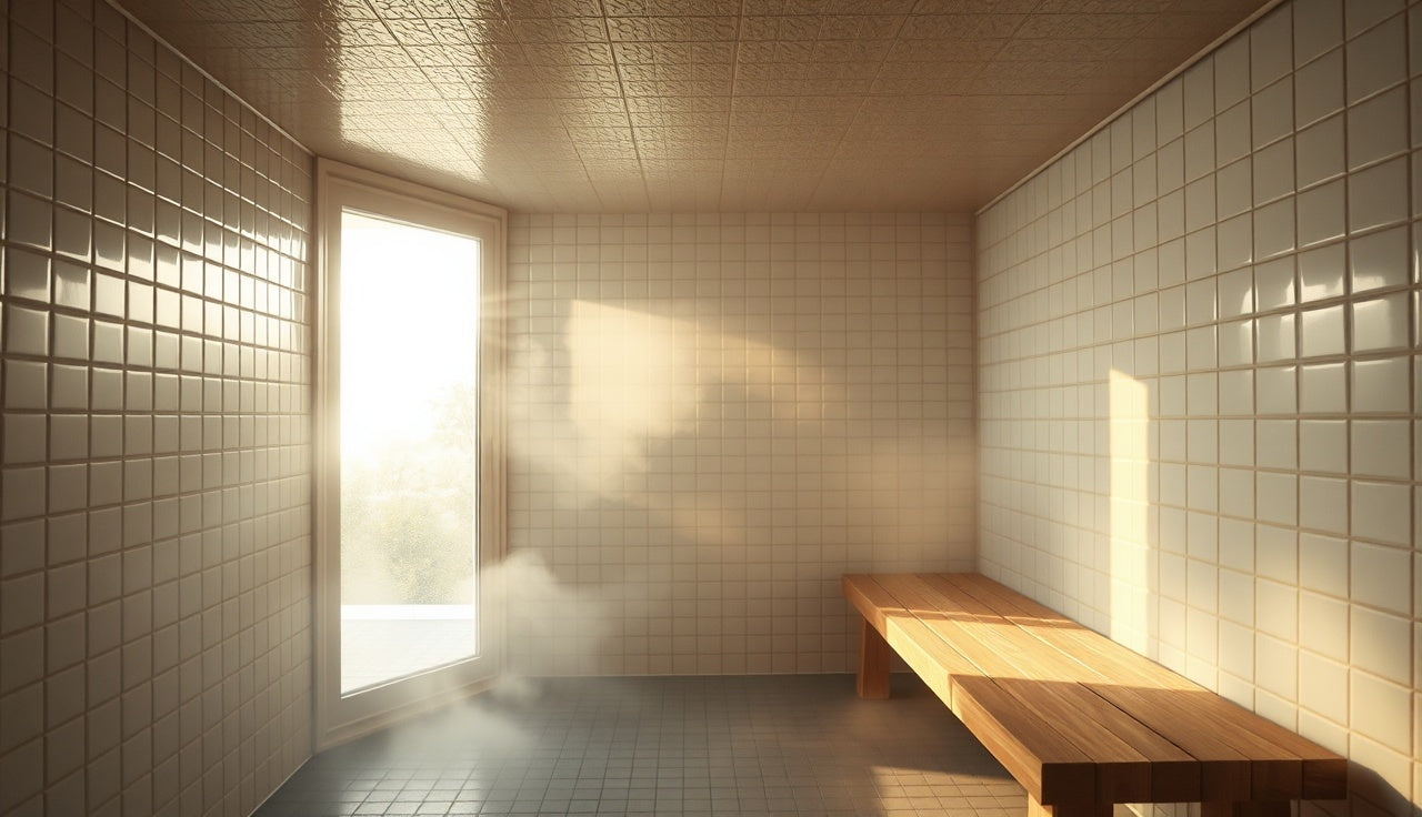Tiled steam room interior with wooden bench filled with steam and soft light