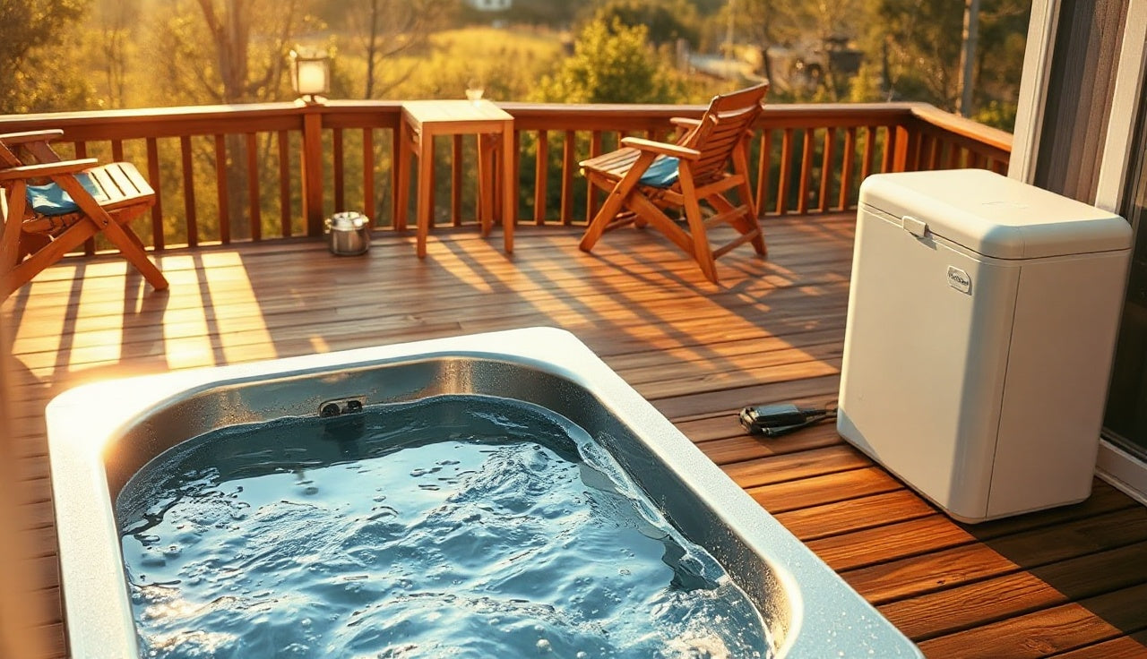 Compact cold plunge chiller unit beside a cold water tub on a wooden deck