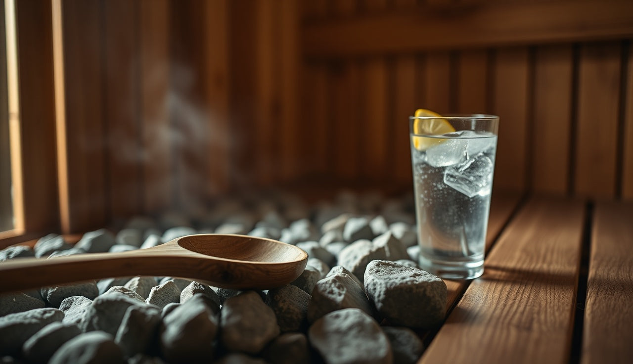 Wooden ladle on hot sauna stones with a glass of electrolyte water on the bench