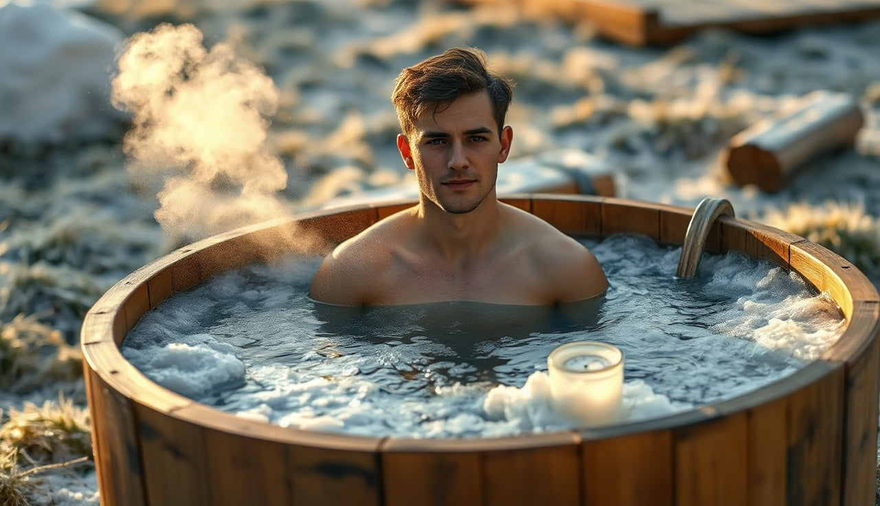 Person sitting in icy outdoor cold plunge tub in cold morning air