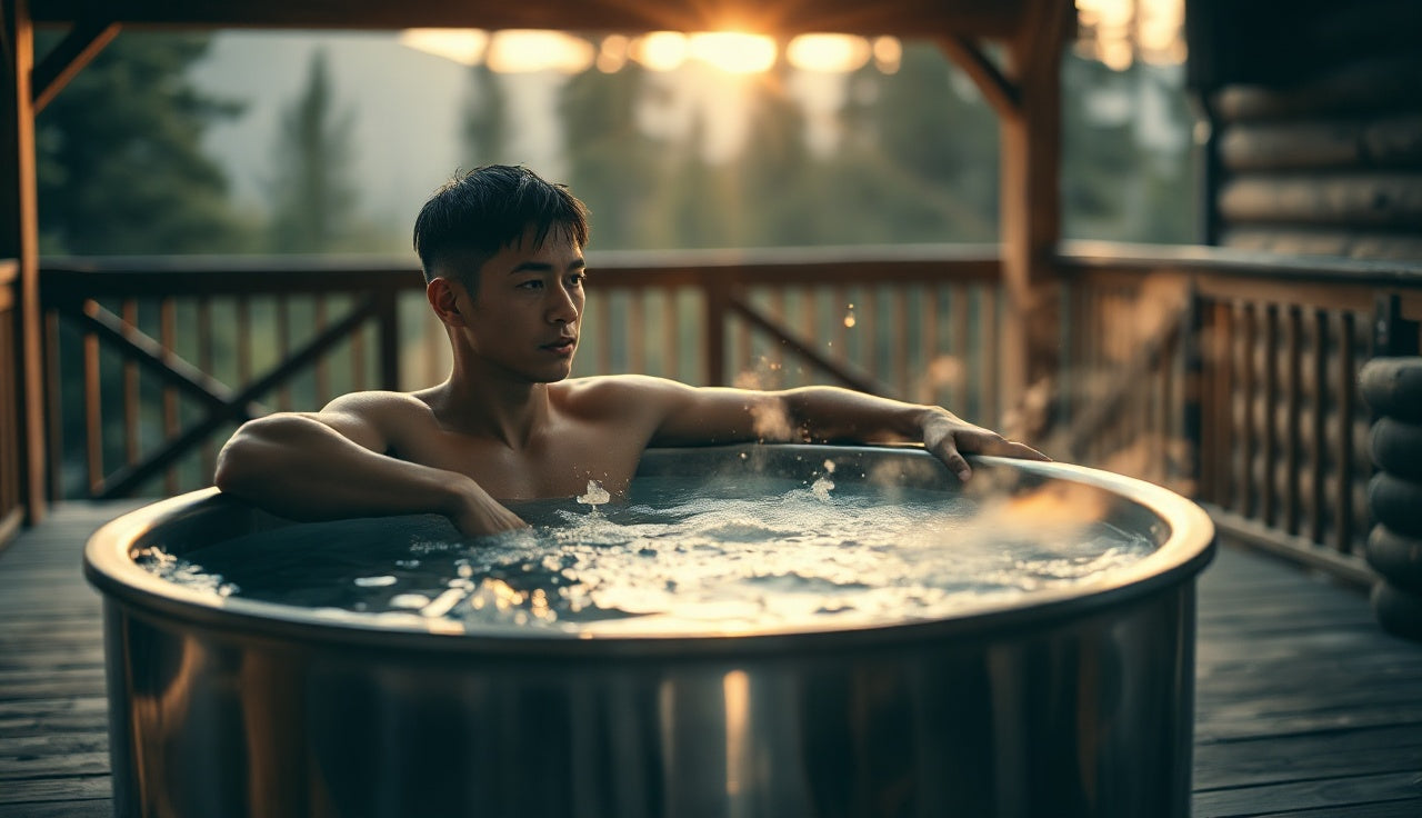 Athlete sitting in cold plunge tub on outdoor deck at dawn with mist rising