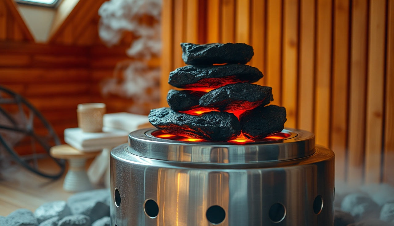 Stainless electric sauna heater with volcanic rocks glowing in a cedar sauna room