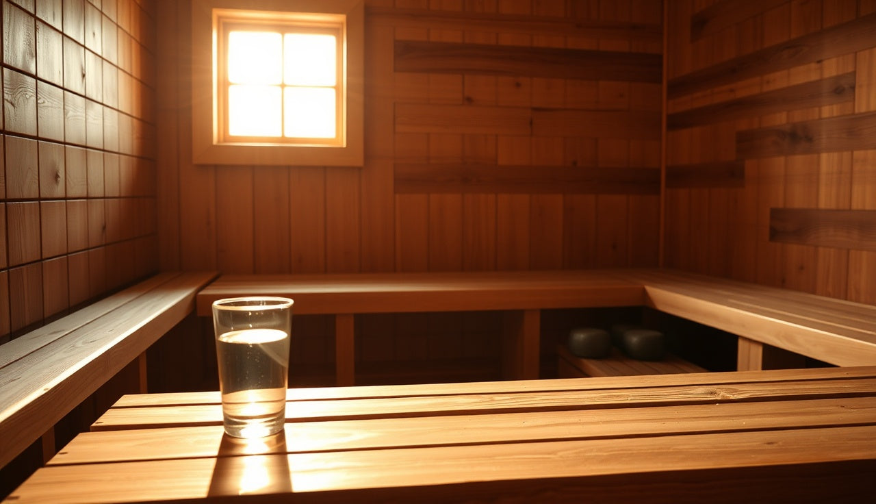 Warm wooden sauna interior with benches, hot stones, and a glass of water