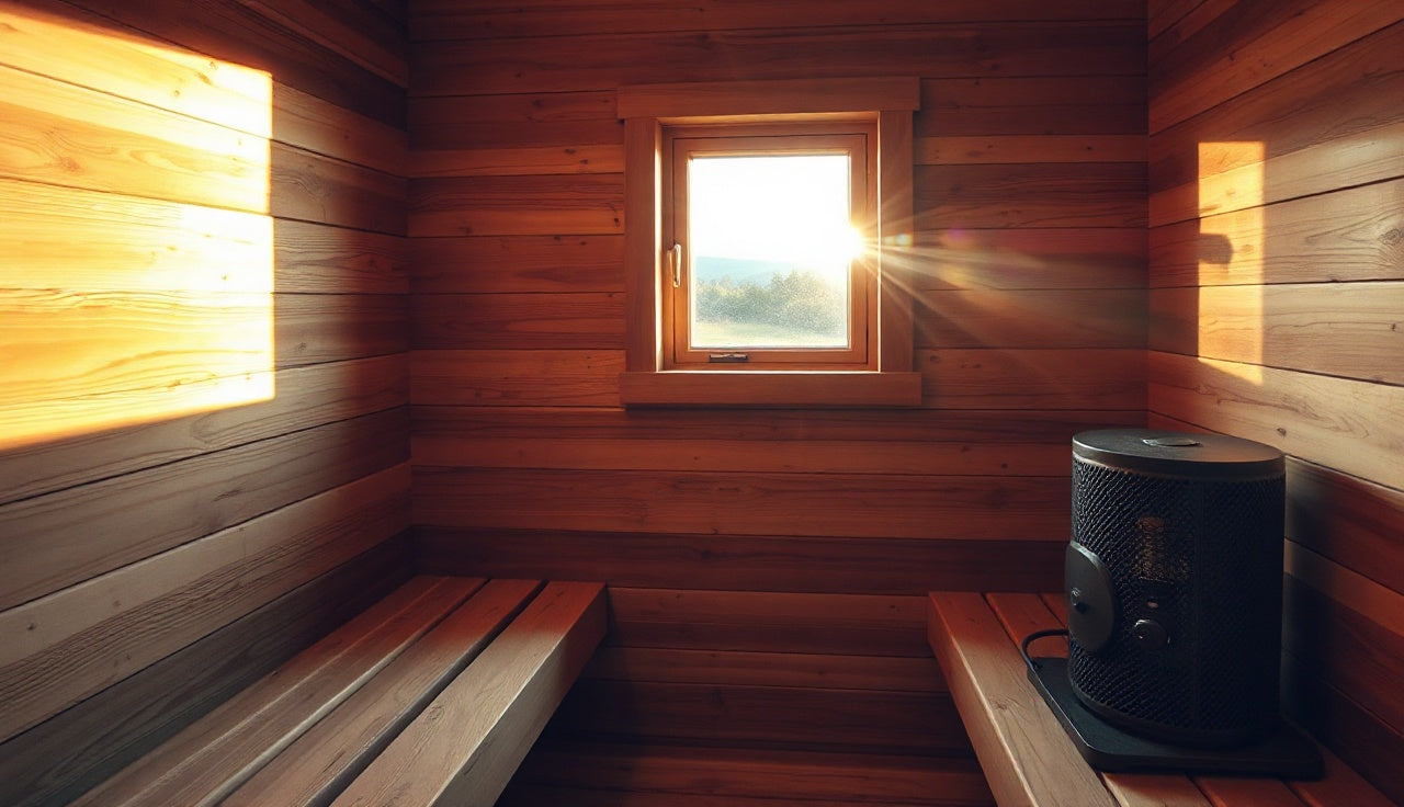 Small cedar sauna interior with a low-placed double-pane window for heat retention