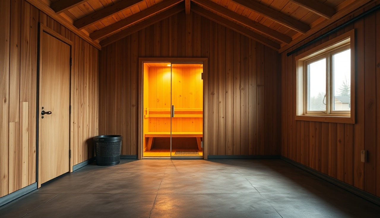 Cedar sauna room inside a converted detached garage with glass door