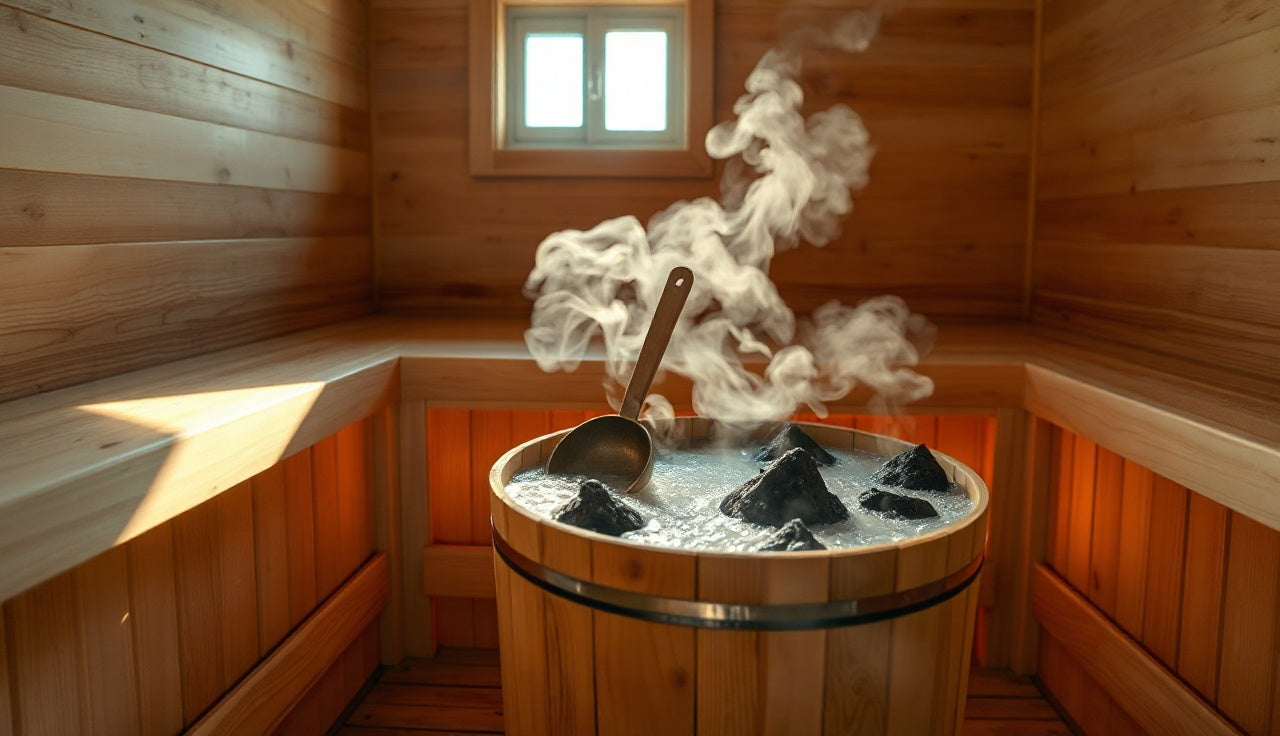 Steam rising from hot sauna stones with a wooden ladle and water bucket nearby