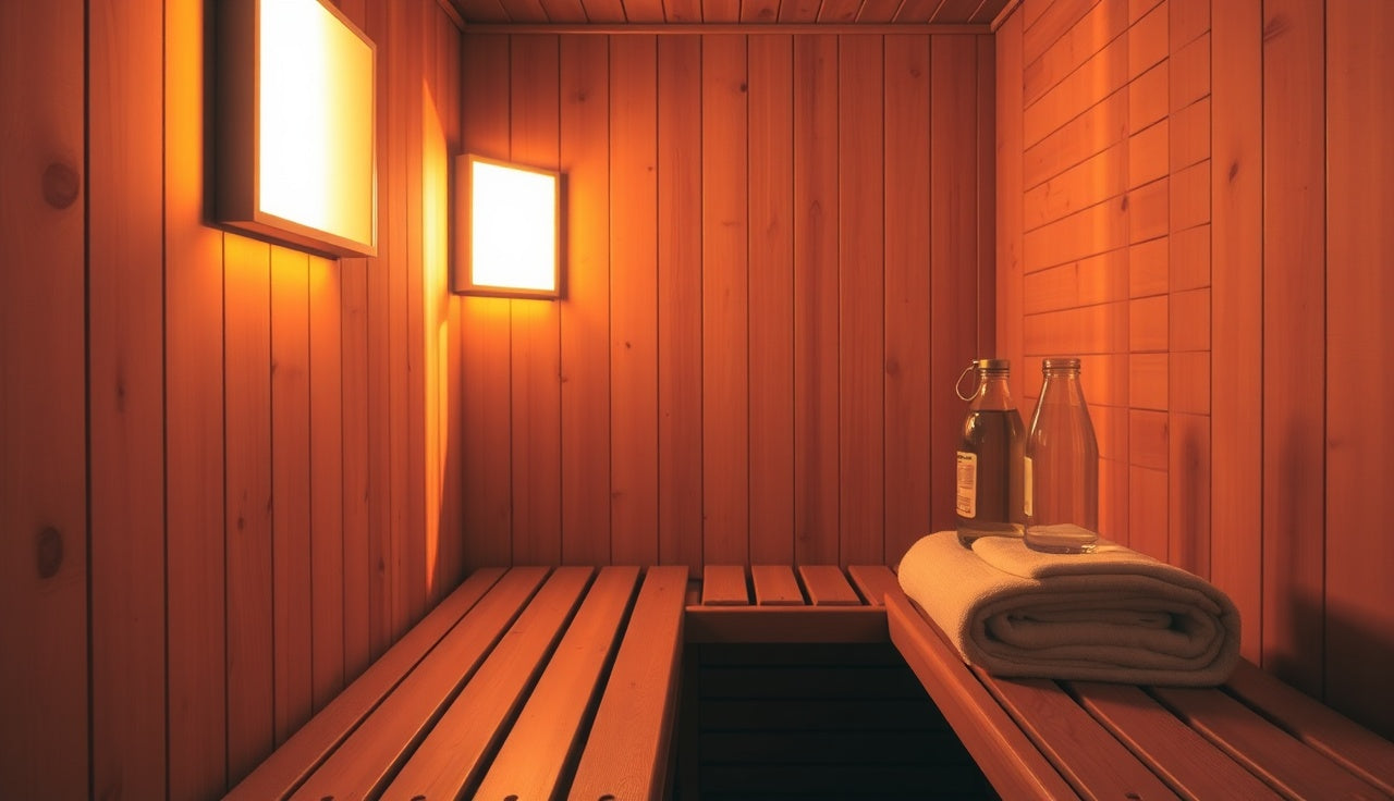 Cedar infrared sauna interior with glowing panels, wooden bench, and water bottle