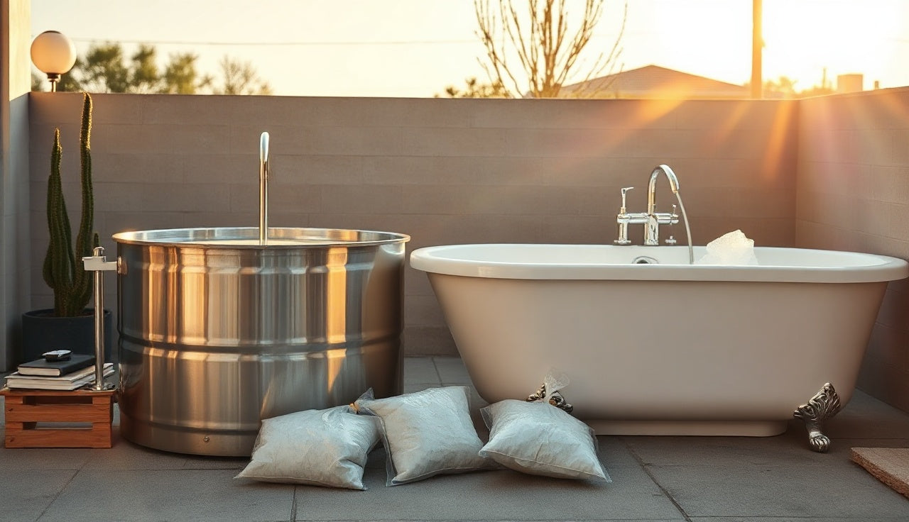Cold plunge chiller tub and ice-filled bathtub compared side by side on outdoor patio