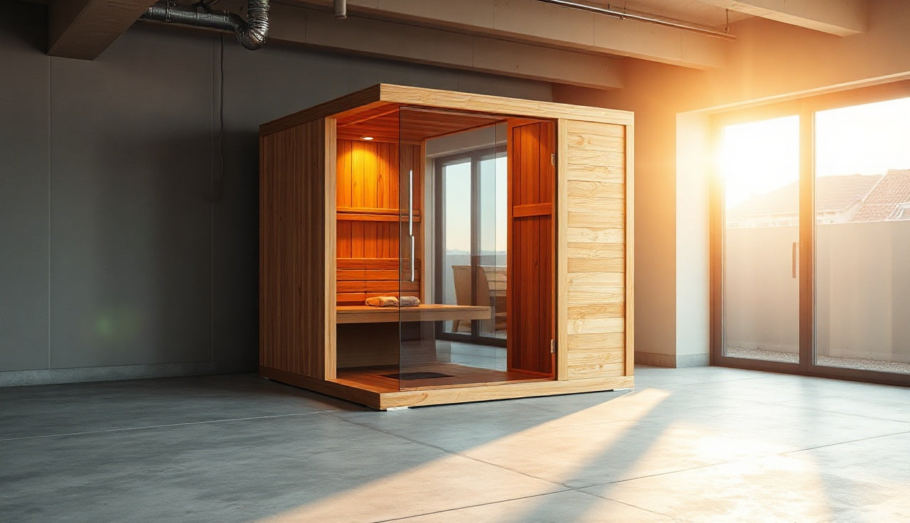 Assembled infrared sauna kit with glass door glowing in a home basement