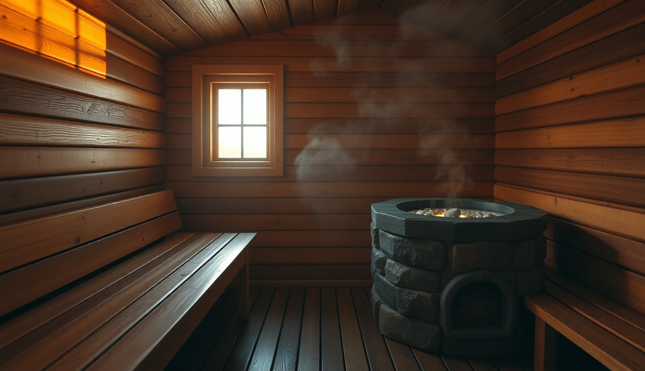 Traditional Finnish sauna interior with hot stones and rising steam at 180 to 200 degrees