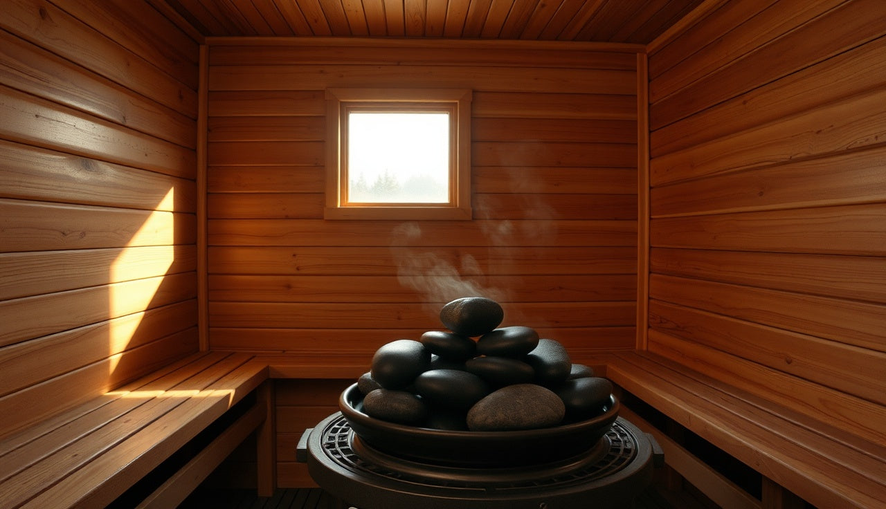 Cedar sauna interior with wooden benches and glowing stone heater at effective temperature