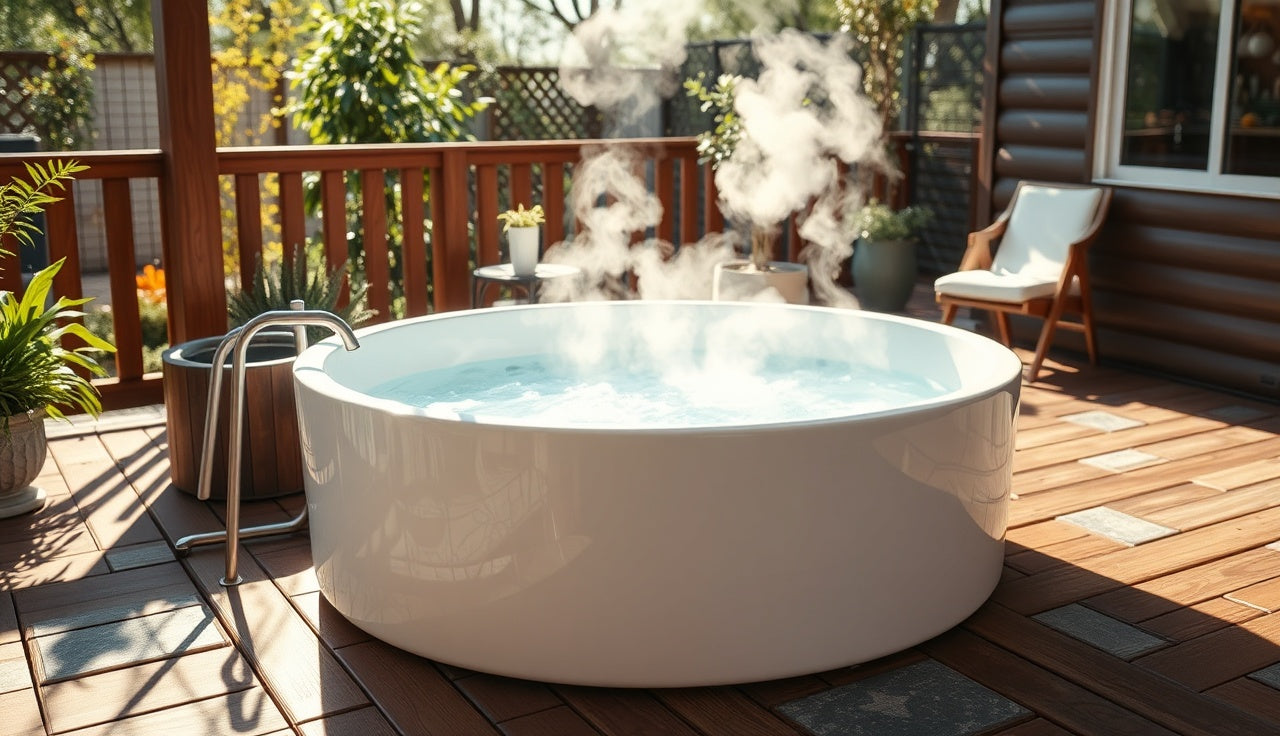 White acrylic cold plunge tub filled with cold water on a wooden outdoor deck
