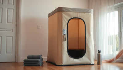 Compact portable steam sauna tent open in a sunlit apartment room