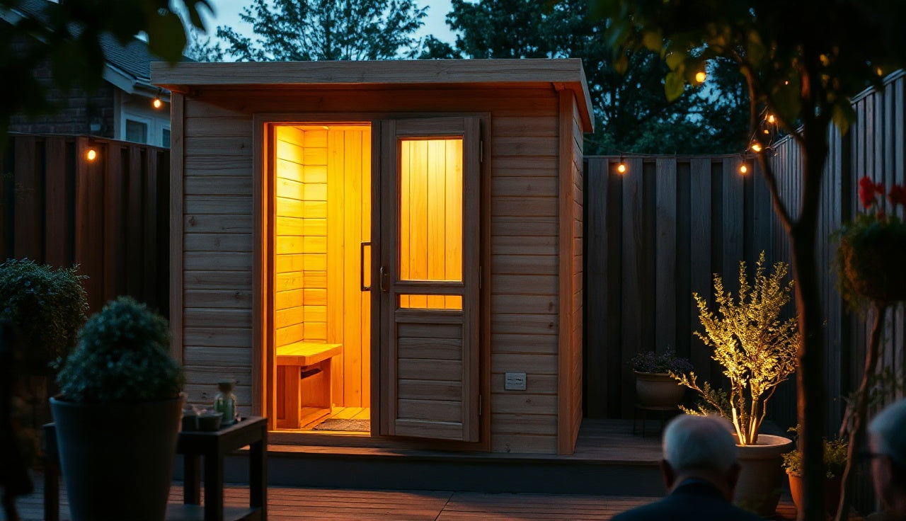 Small cedar home sauna cabin glowing from inside in a backyard at dusk