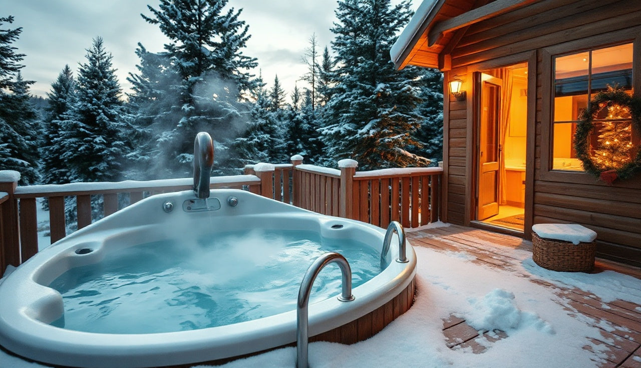 Outdoor cold plunge tub on snowy deck in winter with steam rising